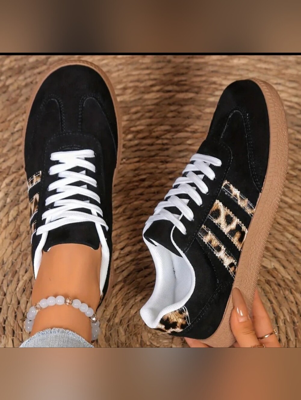 Black Leopard-Accent Women's Casual Faux Suede Finish Lace-Up Sneakers Sz 11